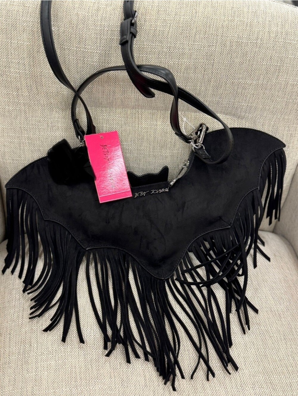 Betsey Johnson Bat Suede Fringe Shoulder Handbag